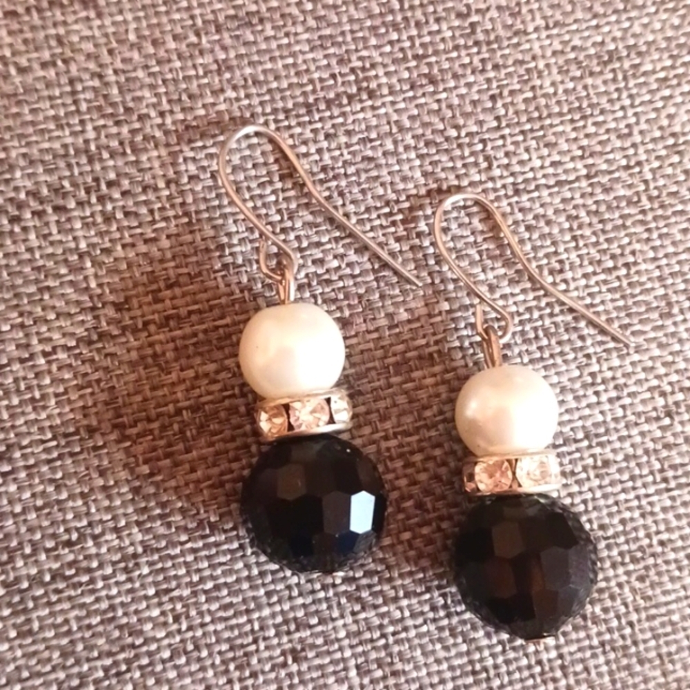Faux Pearl & Black Faceted Crystal Drop Earrings - Pre-loved (1.5")